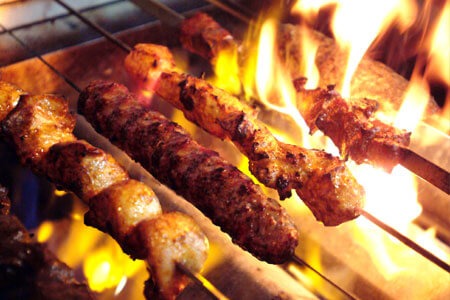 Kabobs on a flaming grill