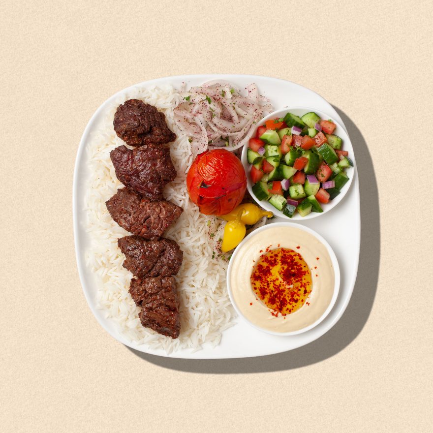 Zankou Chicken shish kabob plate with cucumber salad and hummus