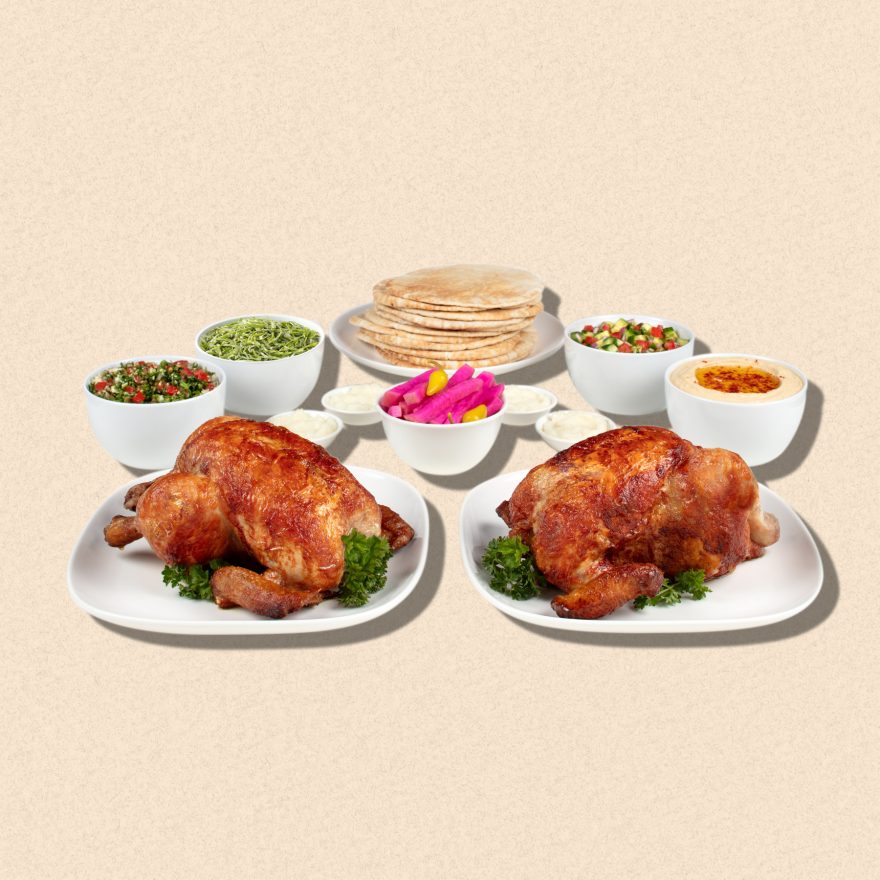 Best mediterranean food in Los Angeles, rotisserie chicken big family meal with zankou garlic sauce and housemade sides