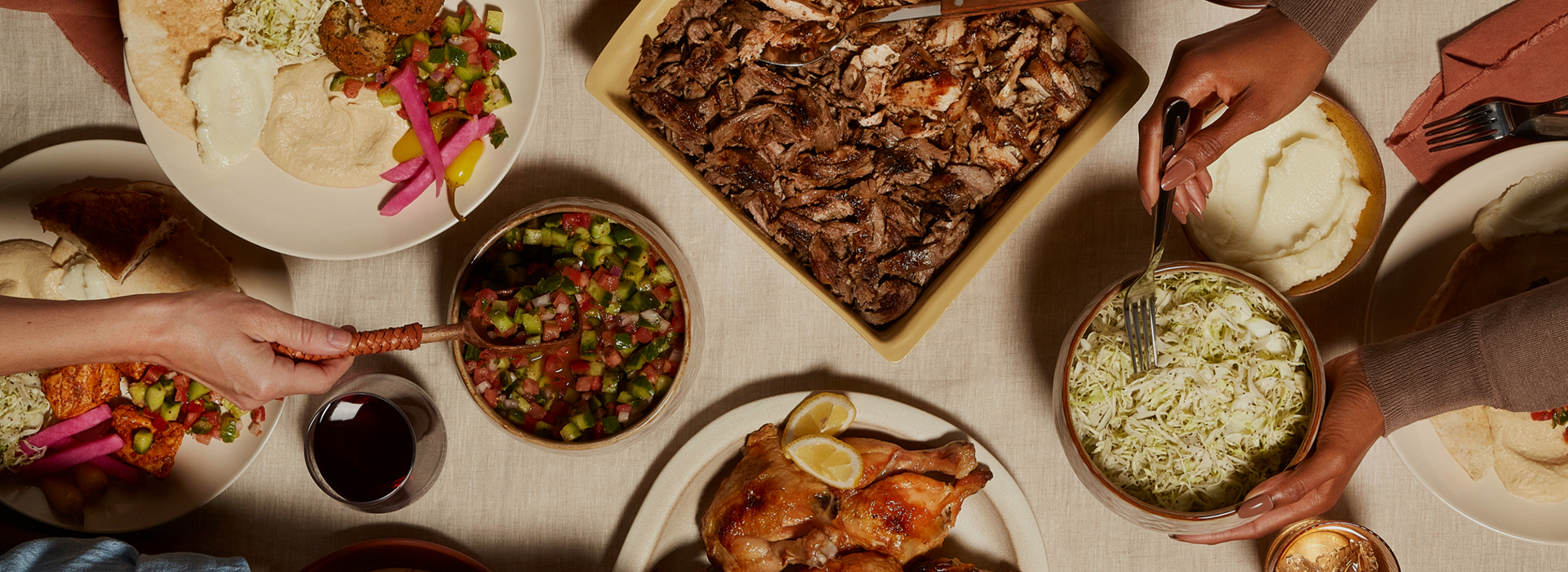 Zankou Chicken catering table, including shawarma, chicken tarna, and rotisserie chicken.