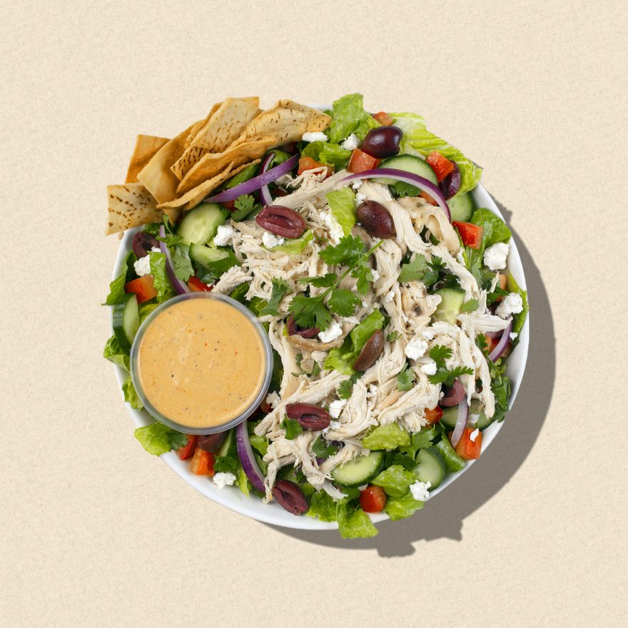 Zankou Chicken rotisserie chicken salad with pita chips and lemon tahini dressing
