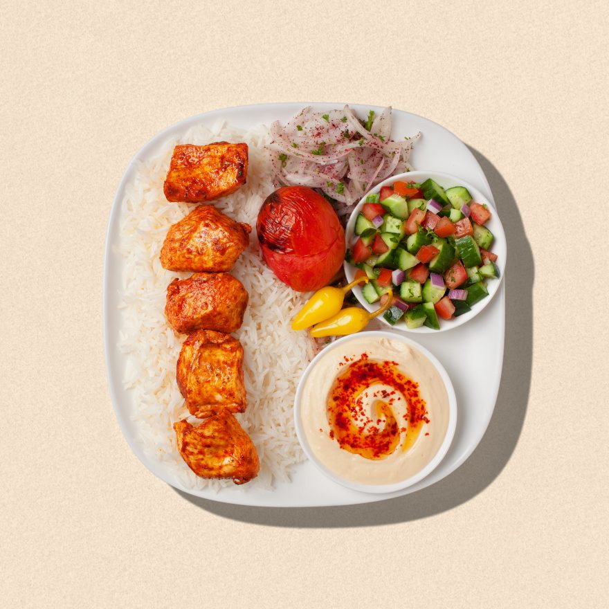 Zankou Chicken kabob plate with hummus side and cucumber salad