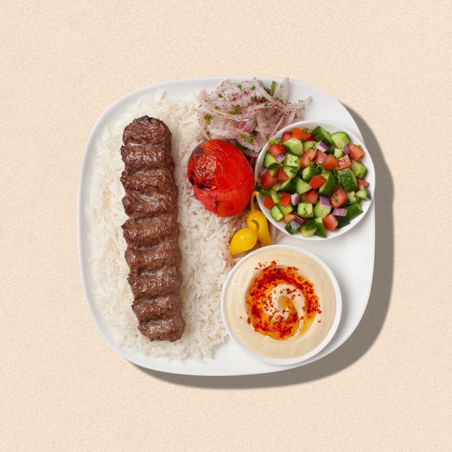 Zankou Chicken Lule beef kabob plate with cucumber salad and hummus