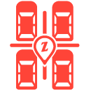 icon-Red icon of 4 cars parked in spaces with a Zankou Chicken logo