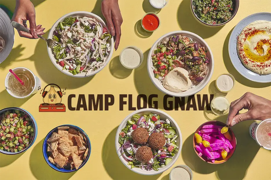 Variety of food items with CAMP FLOG GNAW text in the middle