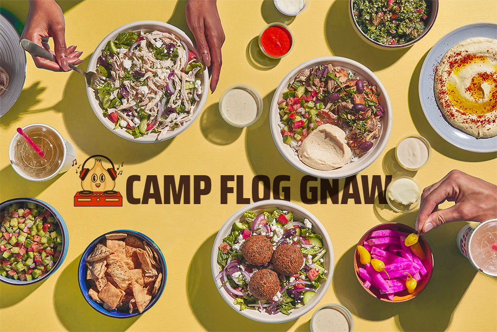 Variety of food items with CAMP FLOG GNAW text in the middle